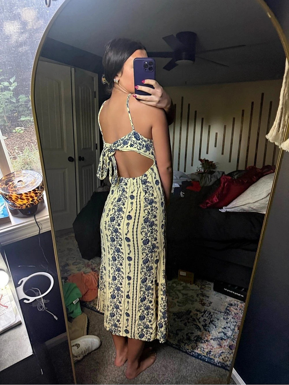 true Floral Open Back Midi Dress in Yellow & Blue Size Medium - Picture 4 of 6